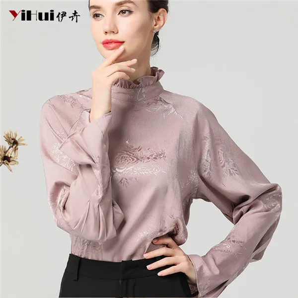 Pink Винтажный атлас с цветочным принтом, женская блузка с расклешенными рукавами, стоячий гофрированный топ размера плюс, одноцветные блузки и топы для зрелых женщин - Цвет: Pink