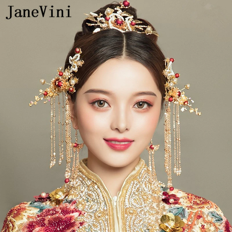 

JaneVini Винтаж китайский стиль золотой свадебный ювелирное украшения для волос ручной работы Цветочные Шпильки с длинной кисточкой Свадебные аксессуары для невесты