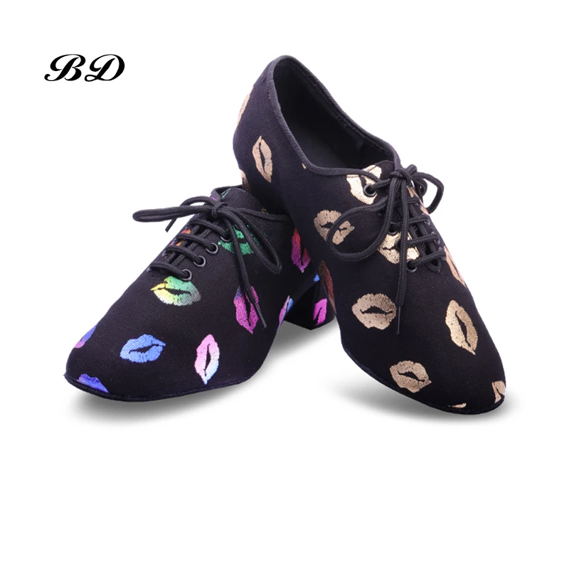 

Sneakers Latin Dance shoes Women Genuine BD t1 Teacher shoes Black Heel 4.5cm Male Female Genuine Red lips Oxford cloth BAGS