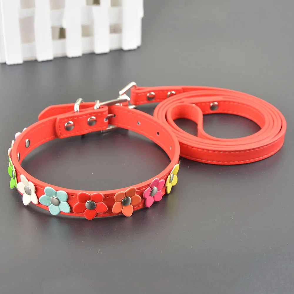 2 Sizes 6 Colors Small Dog Collar One Row Flower Studded Cat Puppy Leash Set | Дом и сад