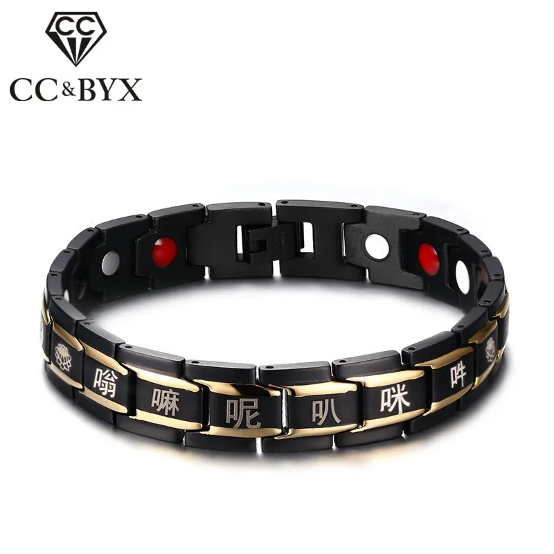 CC Bangles For Men Stainless Steel Magnet Titanium Buddhist Om Mani Padme Hum Religious Bracelet Fashion Jewelry Bijoux SBRM-010