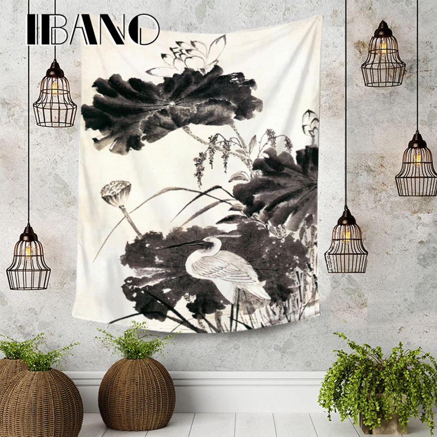 

IBANO Chinese Ink Painting HippieTapestry Art Wall Hanging Blanket Home Decoration for Bedroom Dorm Yoga Mat Table Cloth