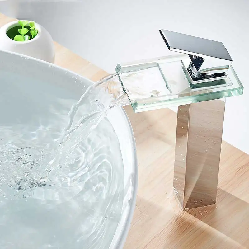 

Homevacious Waterfall Bathroom Sink Faucet Single Handle Glass Bathtub Lavatory Chrome Modern Vanity Basin Faucets