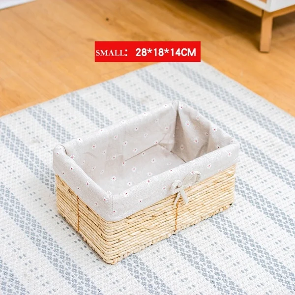 crea daisy fabric sm Соломенная корзина для хранения, Подарочная кукурузная шелуха, тканая для мелочей, стол для закусок, корзины для хранения продуктов, коробки для хранения с тканевой подкладкой, для использования в гостиной - Цвет: crea daisy fabric sm