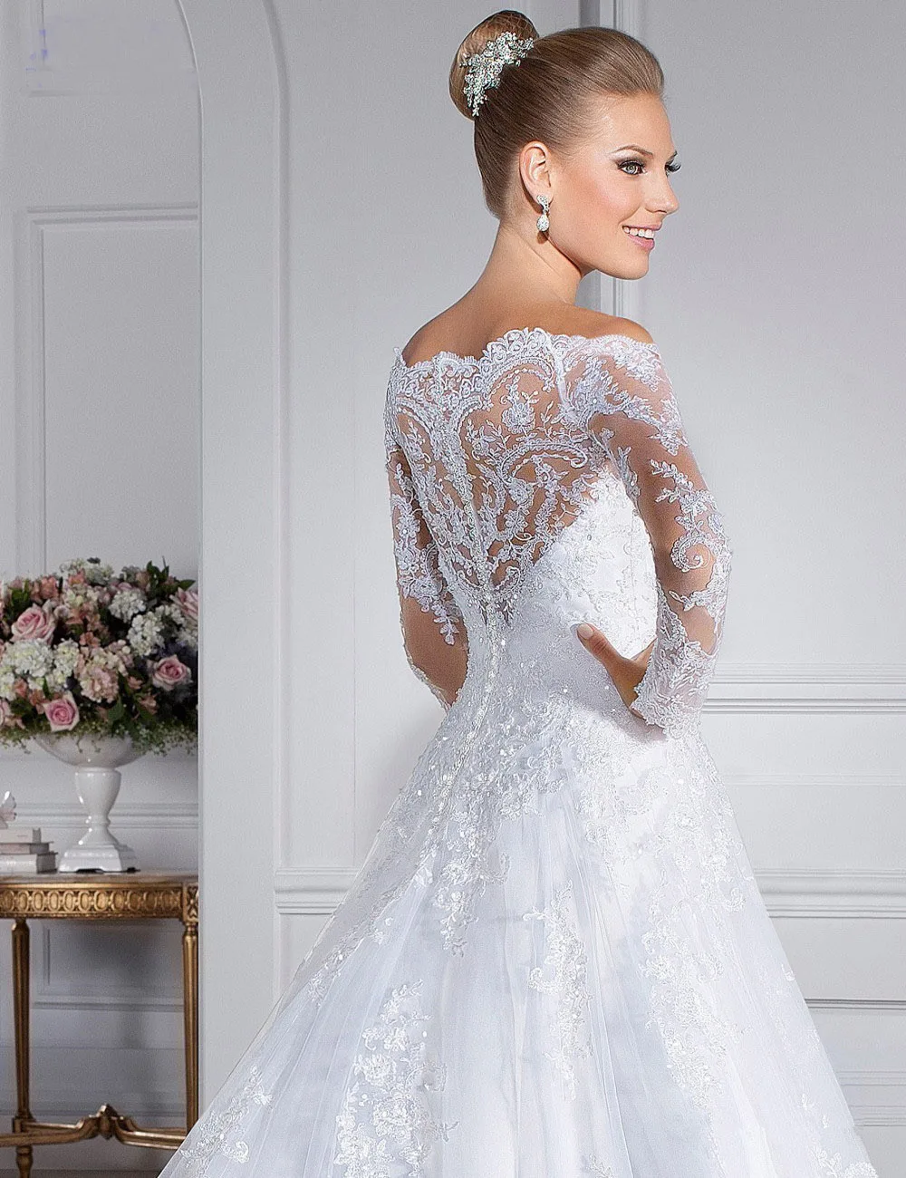 Vestidos де noiva 2017 Свадебное Платье Кружева Лодка Шеи Squined Аппликации Бальное платье