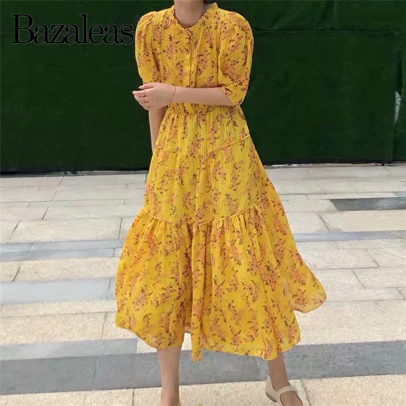 Bazaleas шифоновое желтое платье с цветочным принтом модное оборками длинные платья