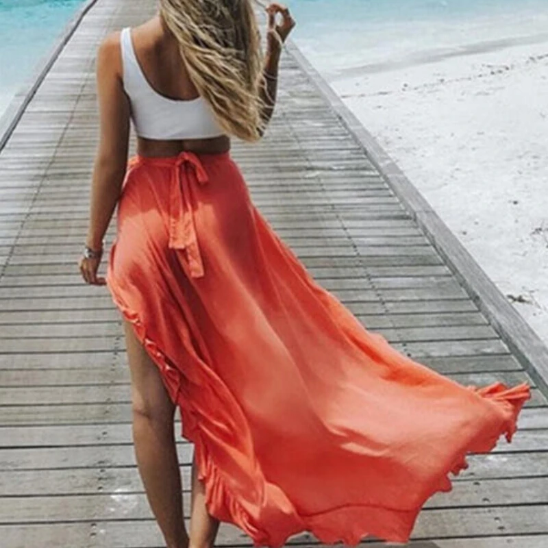 Женская Асимметричная шифоновая юбка в стиле бохо с оборками бандажный пояс