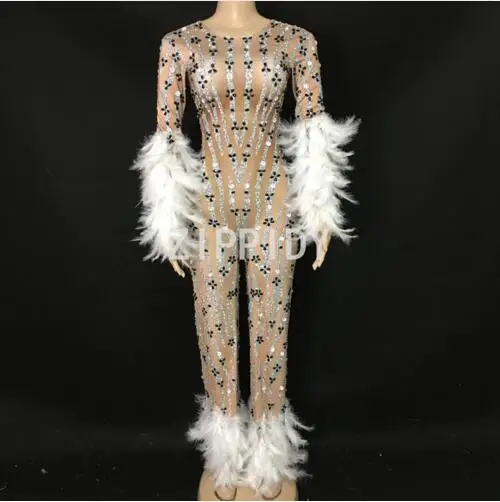 Fashion Sparkly Rhinestones White Feather Spandex Jumpsuit Long Sleeves Big Birthday Party Nightlcub Singer Stage Wear