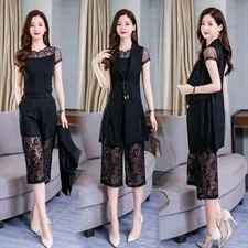 New Arrival Summer  Lady Lace Solid Color Sexy See Through Short-Sleeved Suits Female Cardigan Two Pieces Sets With Lace Pants