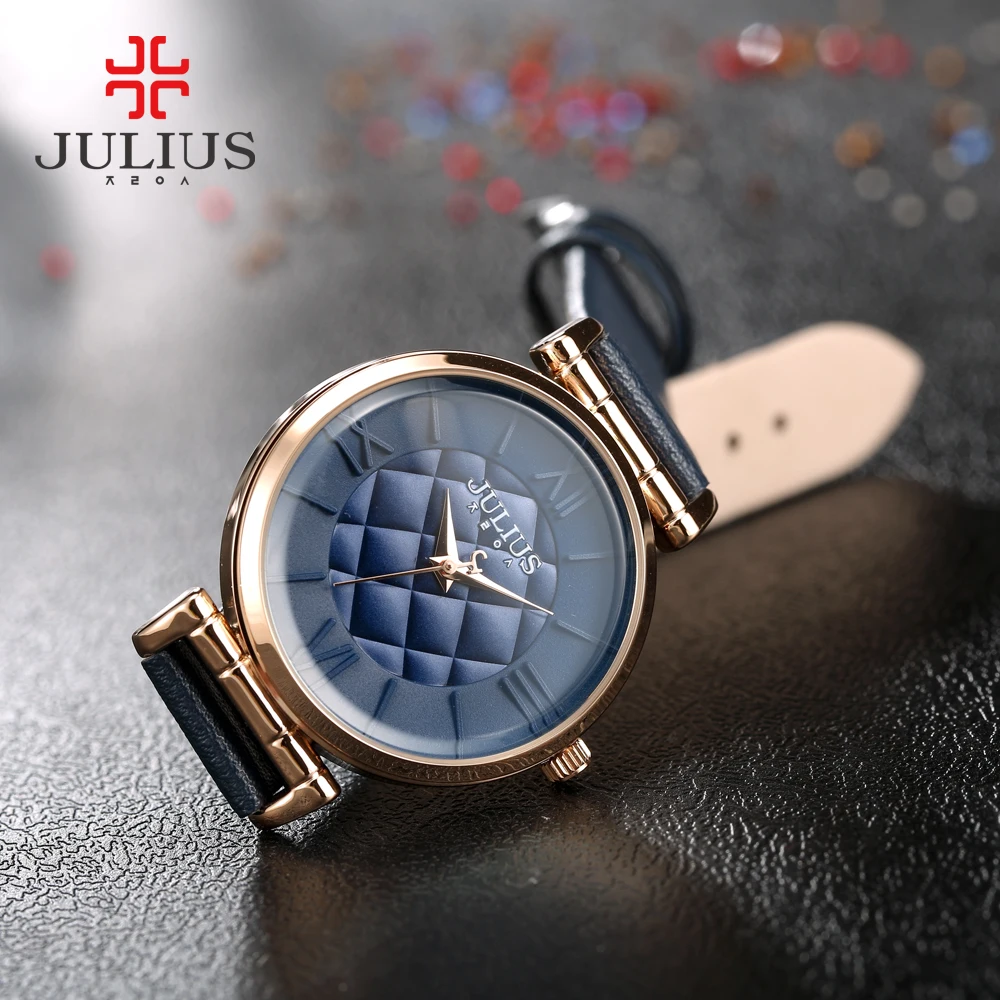 Бренд Julius блестящие Модные женские элегантные часы с простым кожаным ремешком и