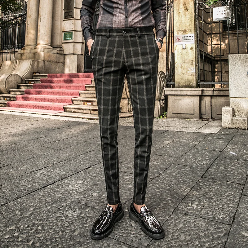 Клетчатые брюки мужские Pantaloni Tuta Uomo деловые штаны для узкие формальные офисные
