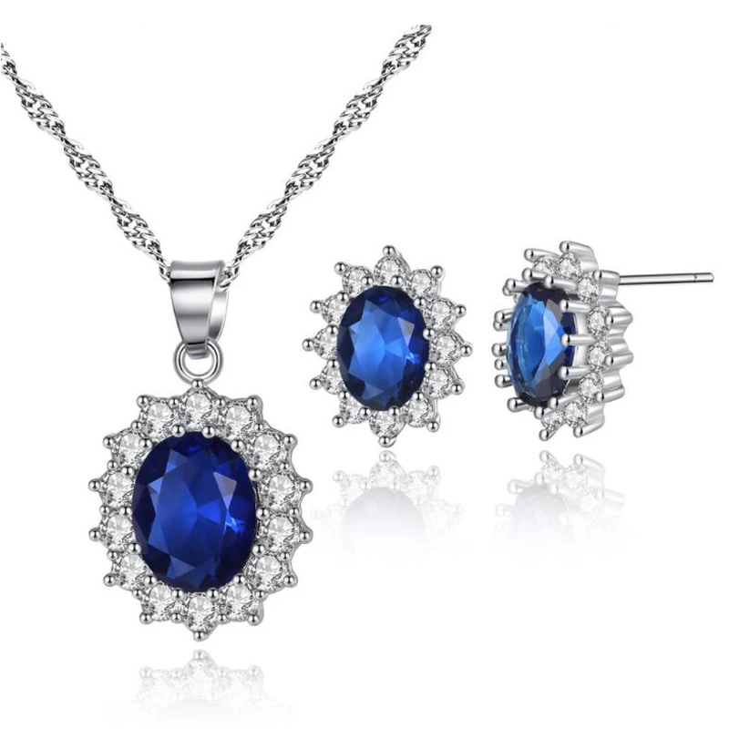 

KOFSAC New Fashion 925 Silver Blue Crystal Princess Jewelry Sets For Women Christmas Gifts Micro-Inlay CZ Earrings Necklaces Set