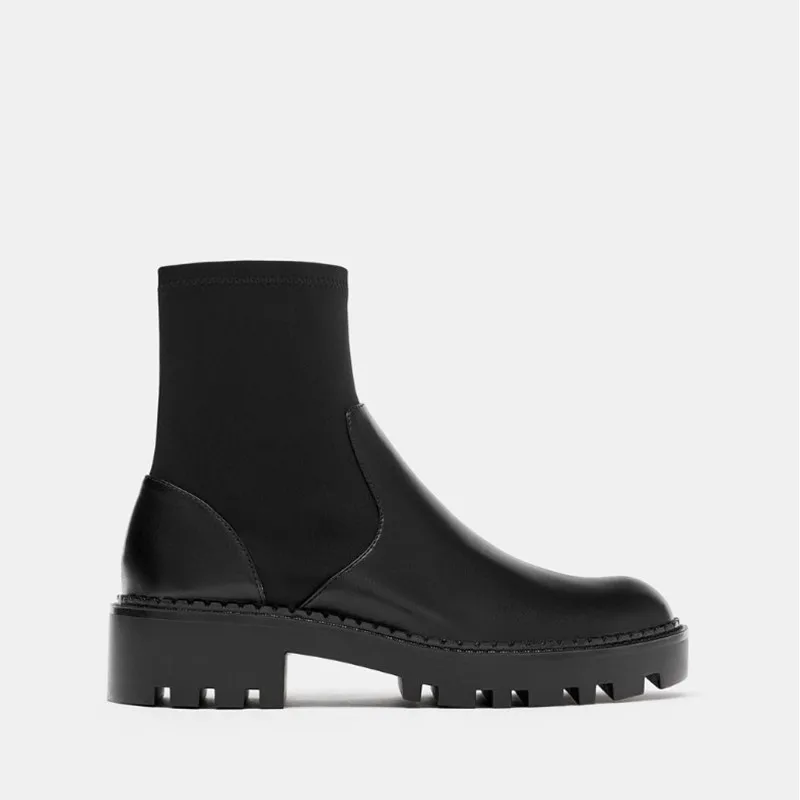 

Vintage boots women round toe black leather Stretch boots 2018 autumn winter Thick-soled platform shoes Chelsea boots newest