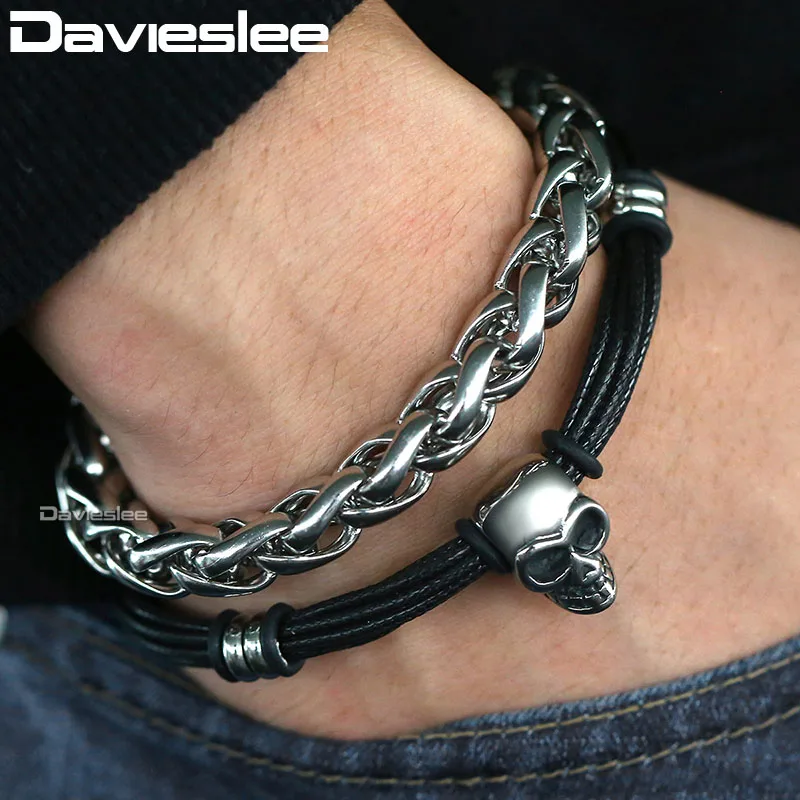 Davieslee Для мужчин s кожаный браслет серебро 2018 Нержавеющая сталь Пшеница Цепочка