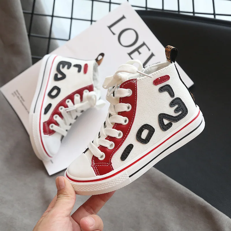 Children's canvas shoes boys 2019 autumn new color matching children's girls side zipper high help | Детская одежда и