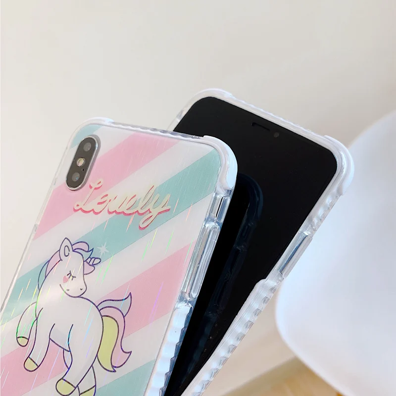 Милый мультяшный чехол с единорогом для iPhone 7 6S 8 Plus 11 Pro Max Stripes Блестящий лазерный