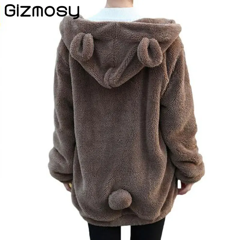 Женская свободная толстовка с капюшоном пушистая на молнии медвежьими ушками