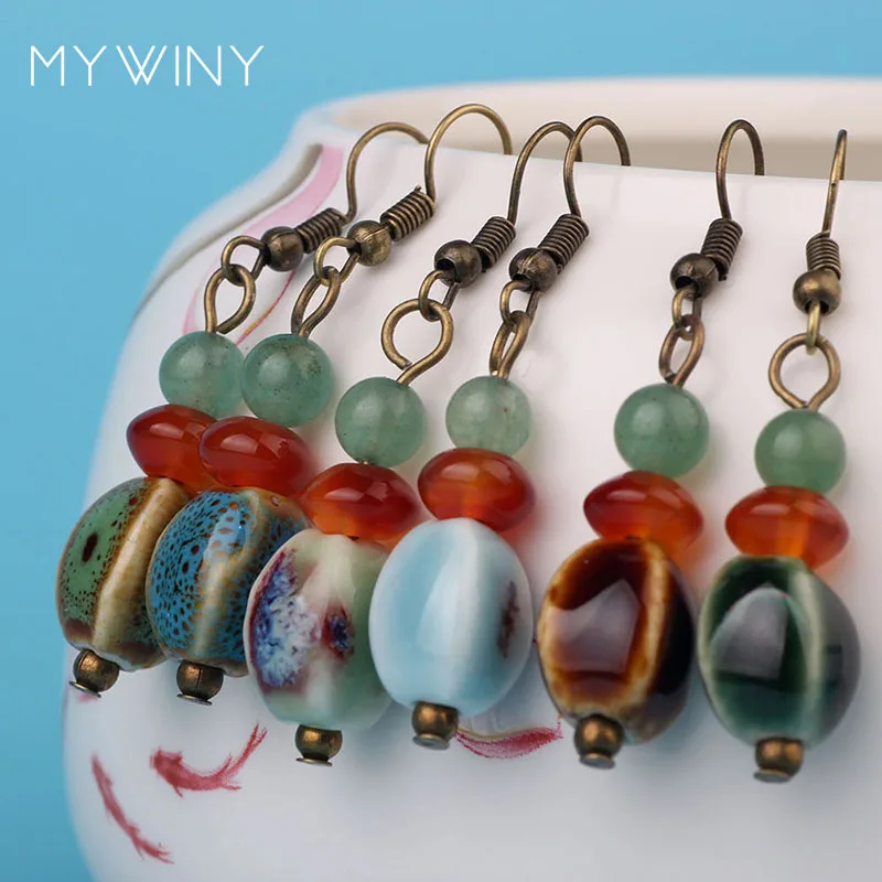 Женские винтажные серьги MYWINY зеленые с керамическими бусинами в этническом
