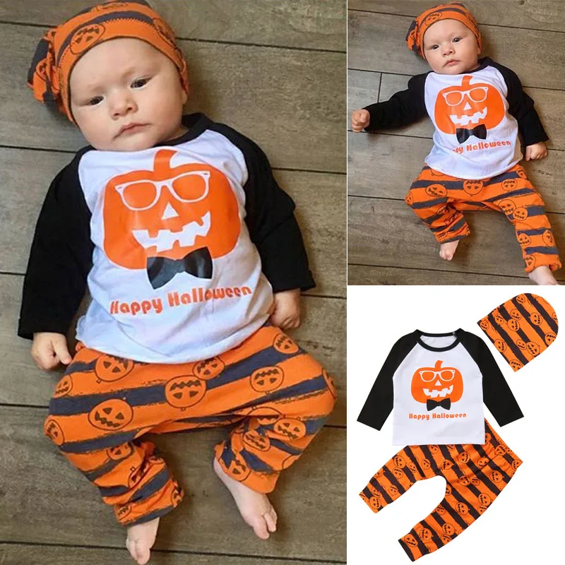 2018 Infant Baby Boy Girls Pumpkin Halloween Costume Clothes T Shirt Striped Pants Leggings Autumn Set Outfit | Детская одежда и