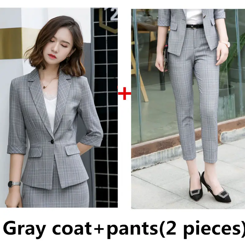 Gray coat and pants Dushicolorful весна лето женские костюмы комплект из двух предметов клетчатый Блейзер шорты размера плюс Формальные Деловые женские офисные брюки костюм набор - Цвет: Gray coat and pants