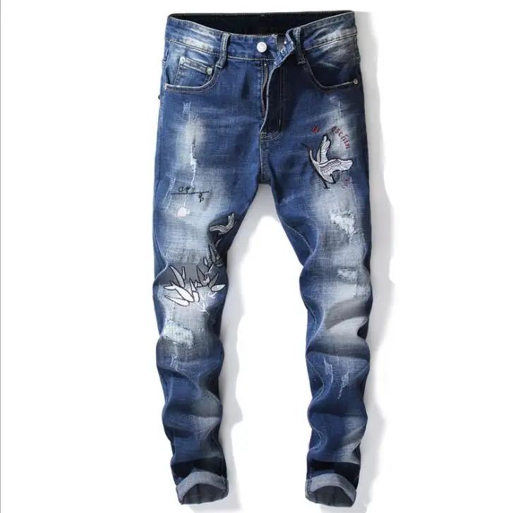 Джинсы мужские с вышивкой штаны из денима дырками байкерские модные