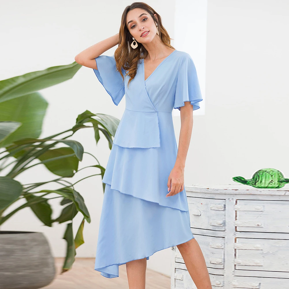 Женское летнее платье с v образным вырезом и рукавами колокольчиками