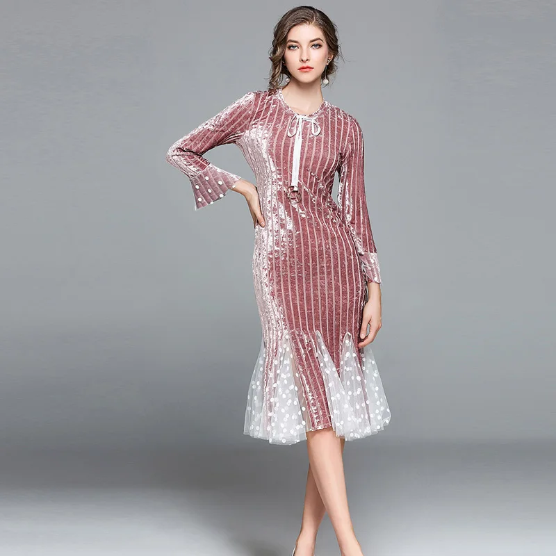 2017 осеннее Новое Женское винтажное кружевное бархатное лоскутное платье русалки