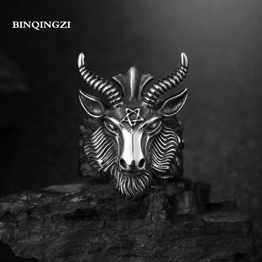 

Charms Big Goat Head band Ring men neo-gothic black metal magic Pentagram badges rings groot soul men jewelry trinket bague