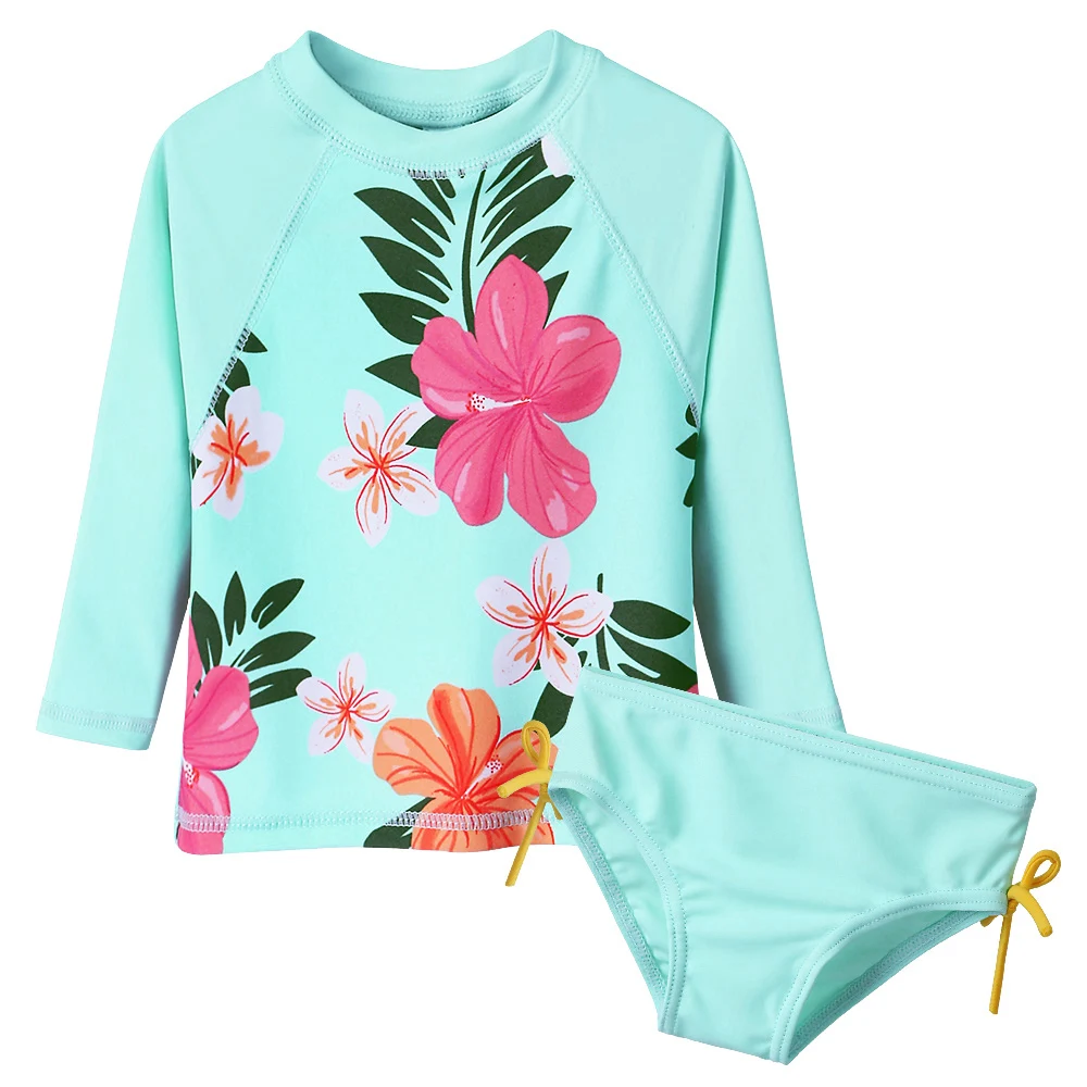

BAOHULU Girls Swimwear UV SPF 50+ Sun Protection Swimwear Kids Cyan Long Sleeve Girls Two Pieces Set Swimsuits Bikini Swimsuit