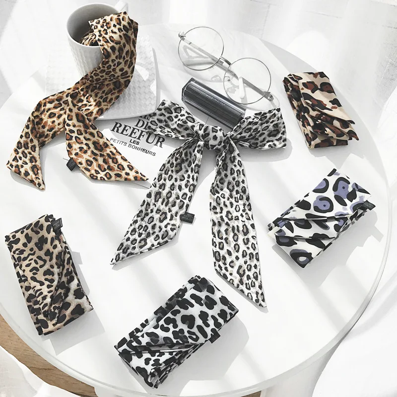 

Leopard Print Chic Unique Lady Silk Chiffon Riband Scarves Bag Handbag Scarf Lengthen Ribbon Hair Band Wholesale Drop Shipping