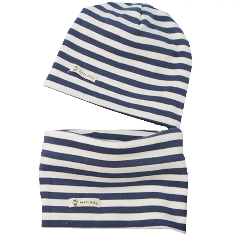 blue white stripe Новая Осенняя детская шапка, шарф, комплект однотонных полосатых вязаных шапок для малышей, шапка для мальчиков и девочек, детские шапочки, шапка для малышей, детская шапка, шарф, воротник - Цвет: blue white stripe