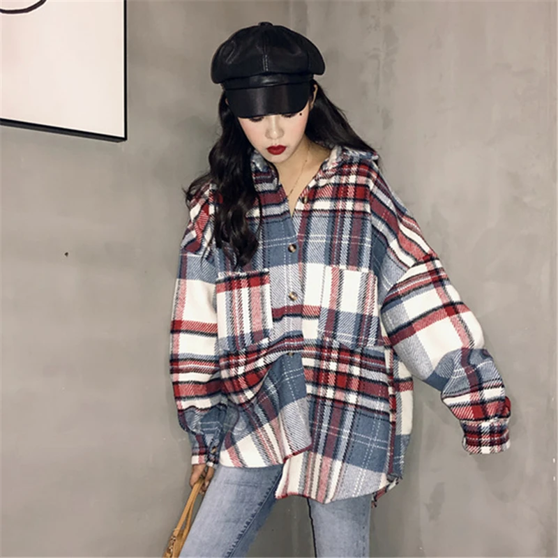 

Shirt Women Spring And Autumn Models 2018 Fashion New Port Wind Was Thin Lazy Loose Plaid Bubble Sleeve Hairy Shirt Coat HJB357