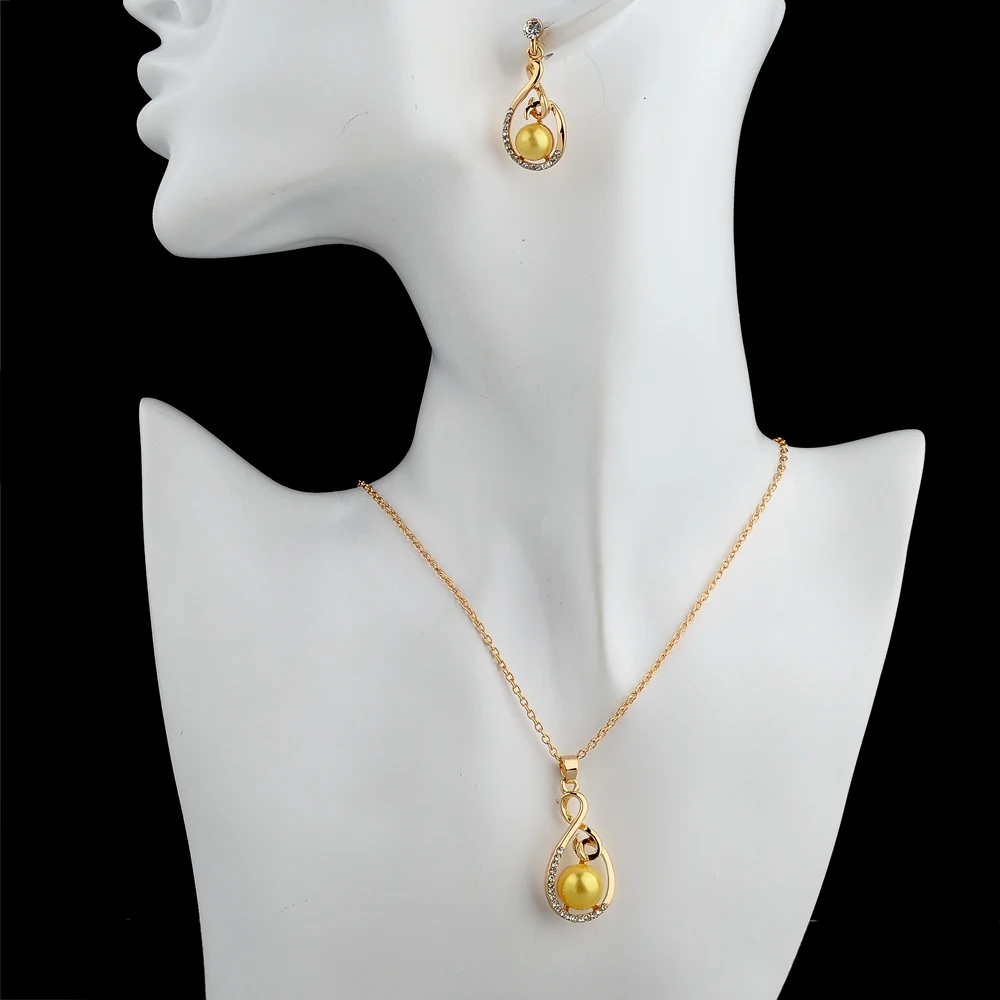 

LongWay Necklace Pendant Stud Earrings Set Gold Color Crystal Imitation Pearl Jewelry Sets For Women Wedding SET140026