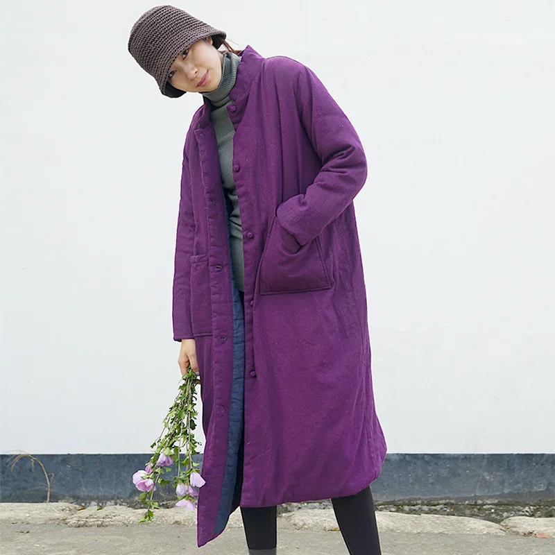 Purple SCUWLINEN зимняя куртка женская винтажная однотонная свободная длинная парка со стоячим воротником с хлопковой подкладкой мужское повседневное толстое теплое пальто M668 - Цвет: Purple