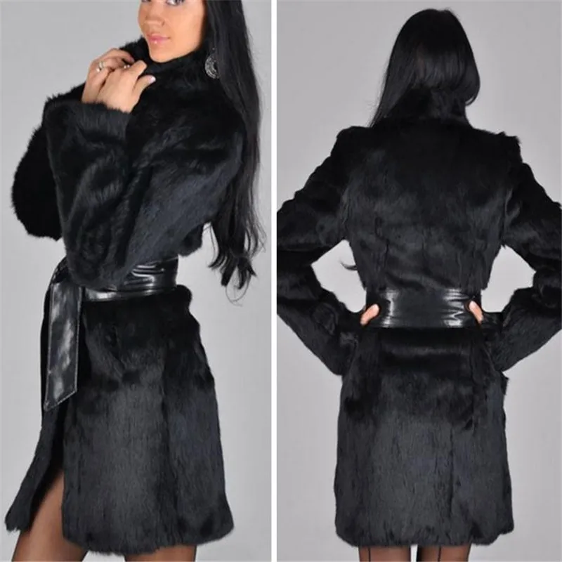 Пальто из искусственного меха норки черное с длинным ремнем 3XL Осень-зима | - Фото №1