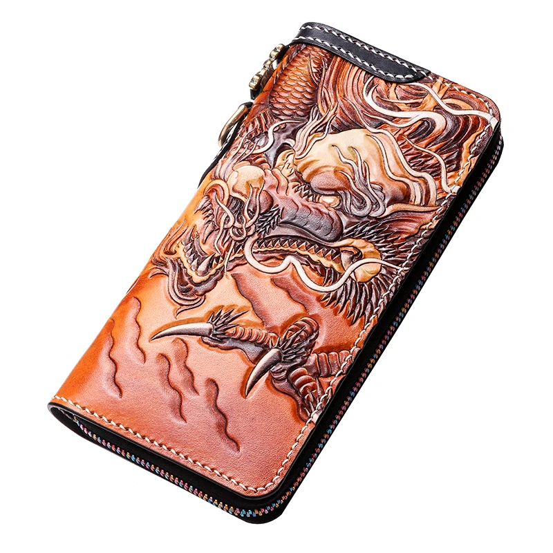 Genuine Leather Wallets Carving Chinese Dragon Brave Troops Purses Men Long Clutch Vegetable Tanned Leather Wallet Card Holder