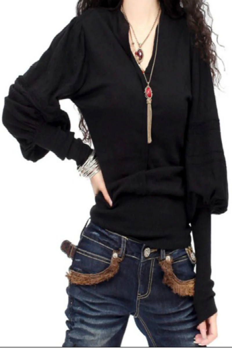 

2020 New Autumn And Winter Thickening Cashmere Sweater Women's V-neck Sexy Lantern Sleeves Long Sleeve Short Loose Wool