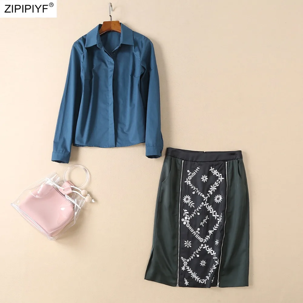 

2 Piece Runwy Women Spring Twinsets Turn down Collar Shirt And Vintage Retro Floral Ladies Skirt Suits OL 2 Sets H6421