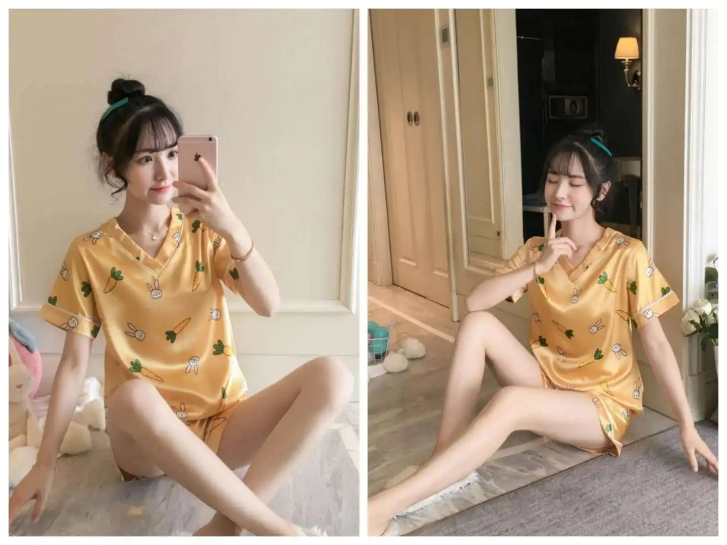 Pajama girls summer ice silk short sleeves two pieces of suit Korean fresh sweet lovely students thin silk home clothes