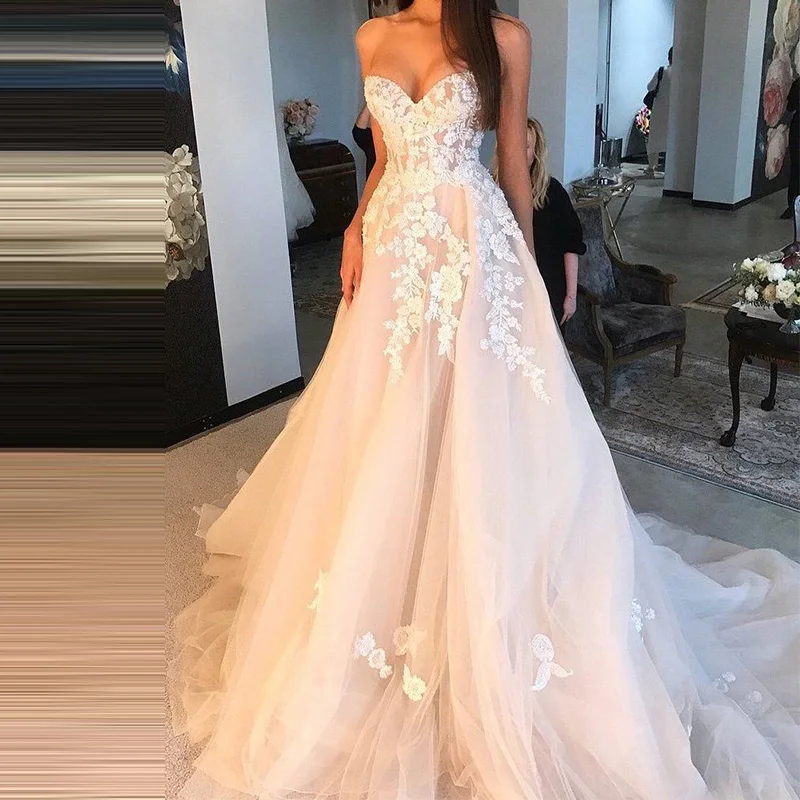 Robe De Mariee милое без рукавов с аппликациями Свадебное платье из тюля со шлейфом ТРАПЕЦИЕВИДНОЕ свадебное платье принцессы свадебное платье