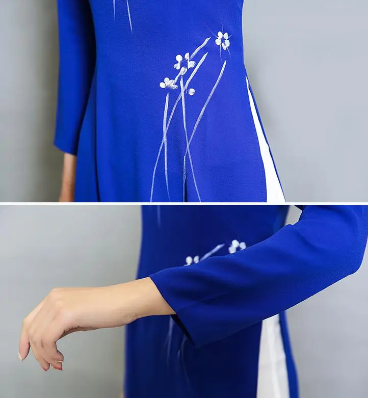 

Fall Spring Fashion Chinese Woman Mandarin Collar Qipao , Patchwork Slim Chiffon Dress , Autumn Woman Print Floral long Dresses