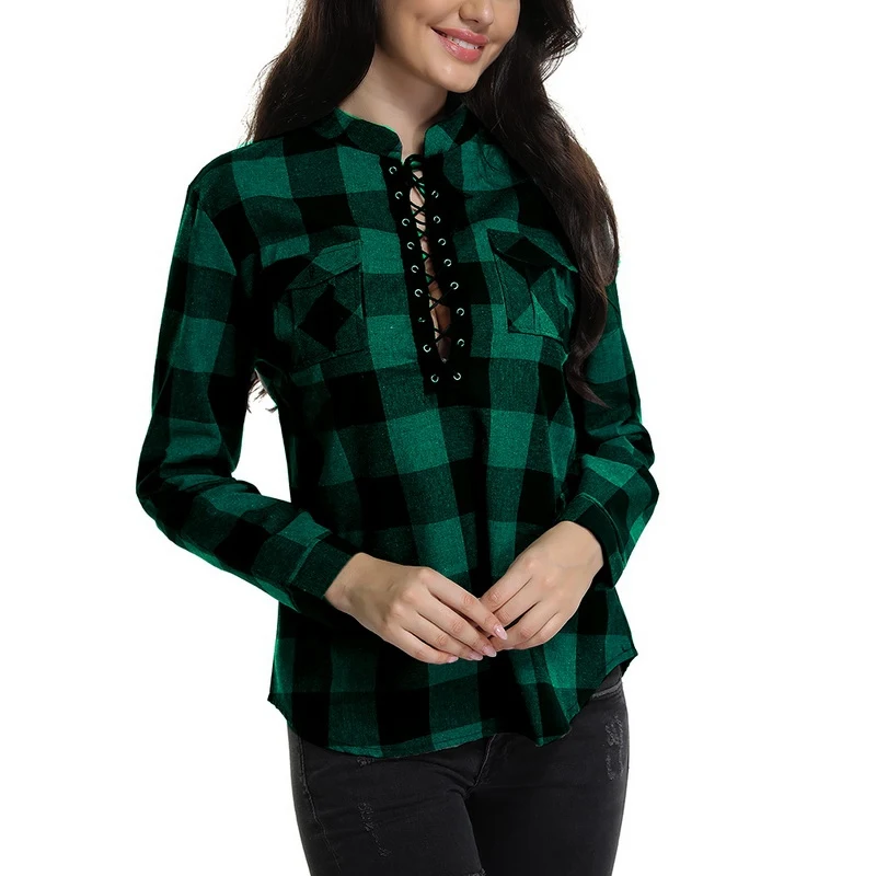 Green Laamei, женские клетчатые рубашки, весна, блуза с длинным рукавом, рубашки для офиса, женские топы на шнуровке, туника, повседневные рубашки размера плюс 5XL - Цвет: Green