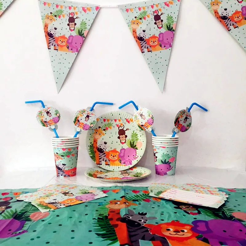 

42PCS/sets Cartoon Colorful Lovely Zoo Theme Party Tableware Sets Kids Shower For Children Happy Birthday Party Decor Supplies