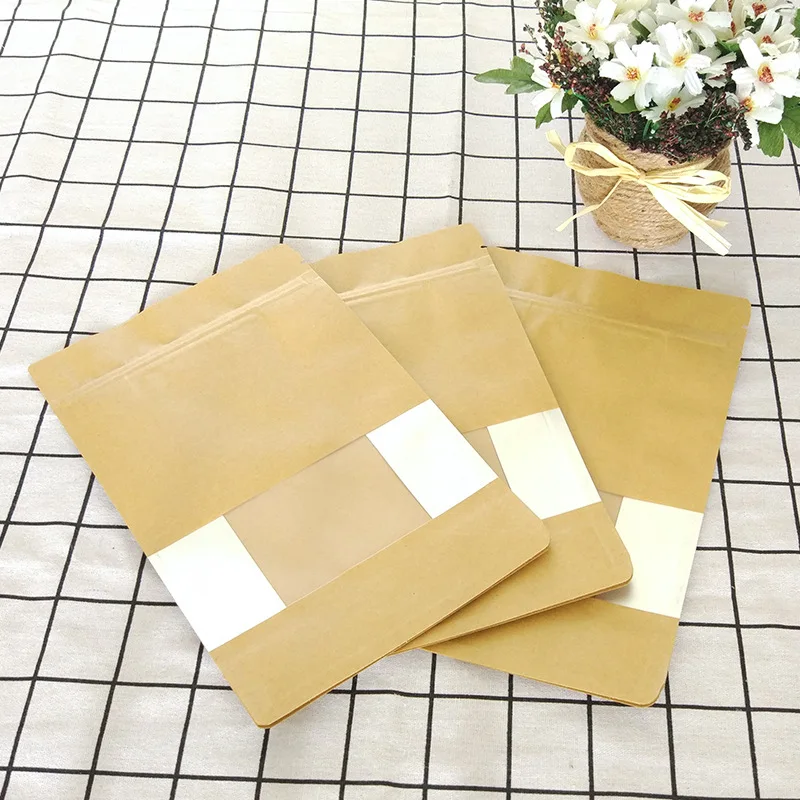 

50pcs Eight side sealing packaging bags window kraft paper bag coffee gift candy food package large pouch
