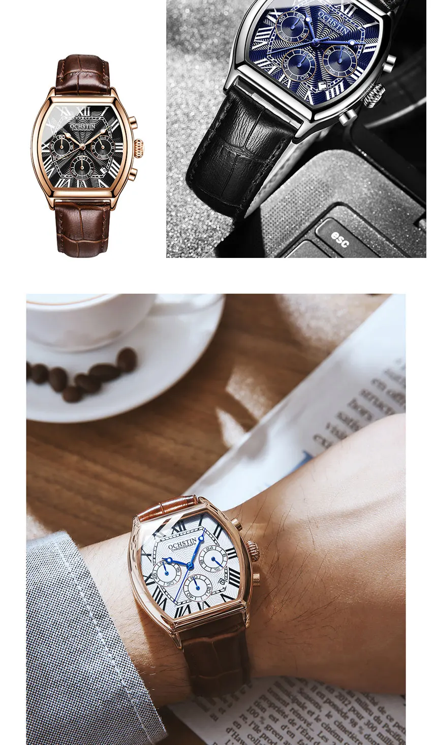 OCHSTIN Auto Date Sports Military Men Watches Luxury Brand Tonneau Quartz-watch Man Leather Army Male Clock Relogio Masculino