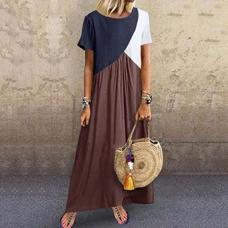 

5XL Women Bohemian Summer Dress Contrast O Neck Short Sleeves Irregular Splice Long Dress Casual Beach Dress Plus Size Vestidos