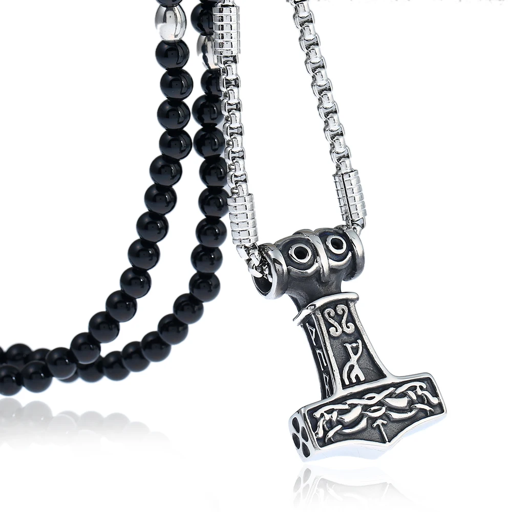 Молот Тора амулет викинга Mjolnir ожерелье из нержавеющей стали с черной цепочкой
