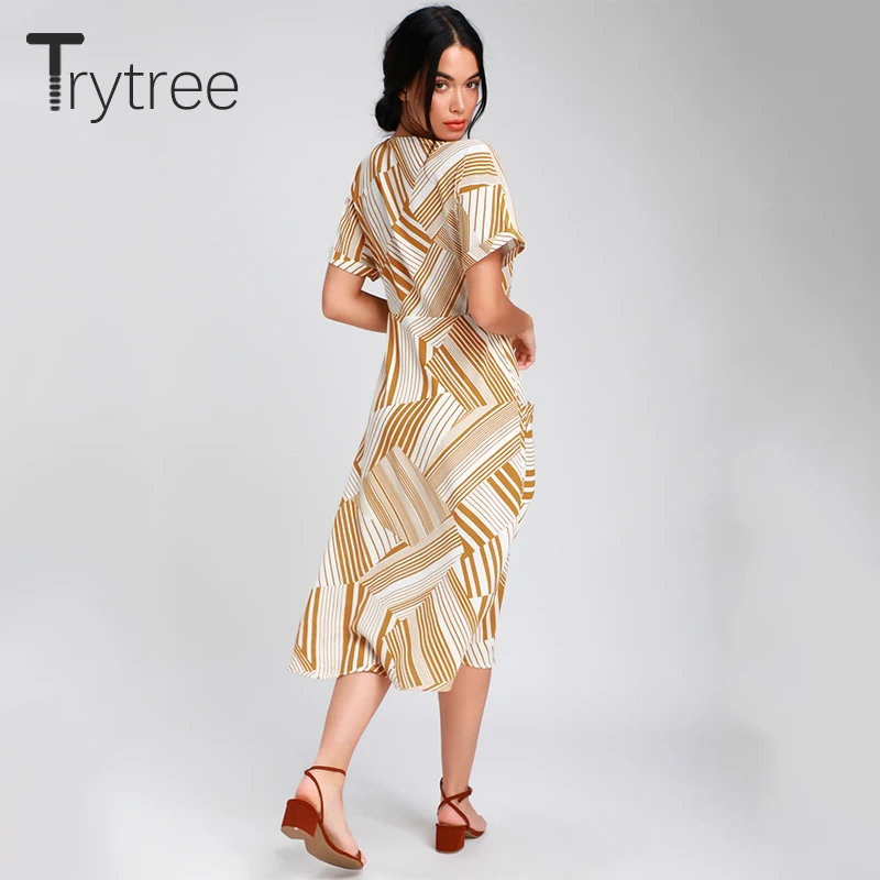 Trytree Лето Осень женское платье повседневное Полосатое с v образным вырезом