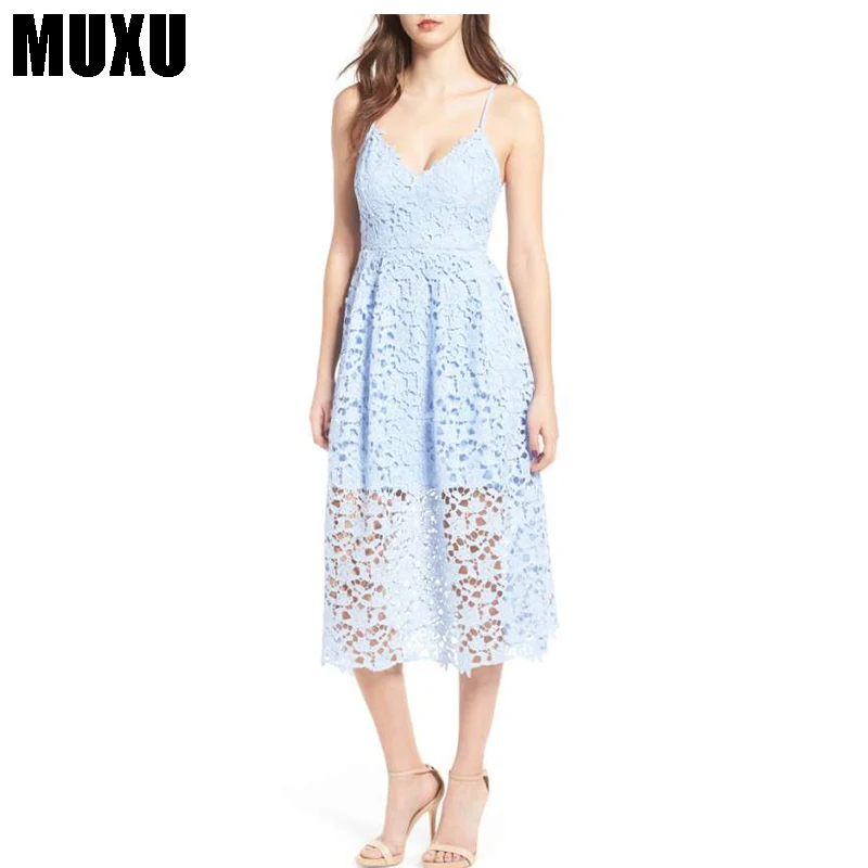 MUXU голубое кружевное платье с открытой спиной на бретелях уличная Женская одежда