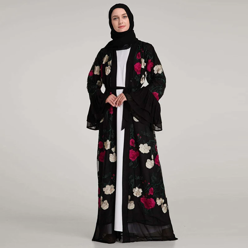 Plus Size Women Kimonos Mujer Vetement Femme Long Abaya Chifffon Embroidery Floral Kimono Cardigan Roupa Feminina Clothing